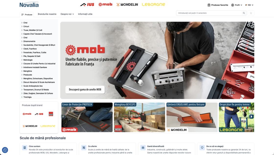 Novalia storefront — a professional-tools shop with a category sidebar and a brand carousel